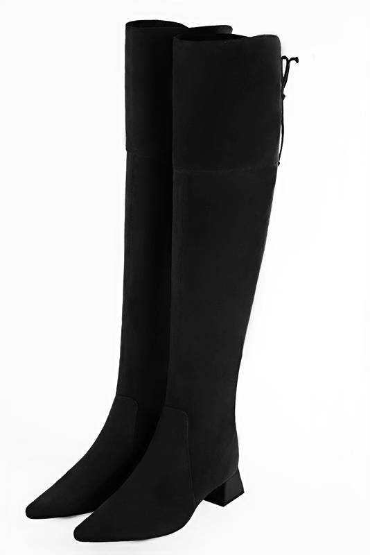 Matt black women's leather thigh-high boots. Pointed toe. Low flare heels. Made to measure. Front view - Florence KOOIJMAN
